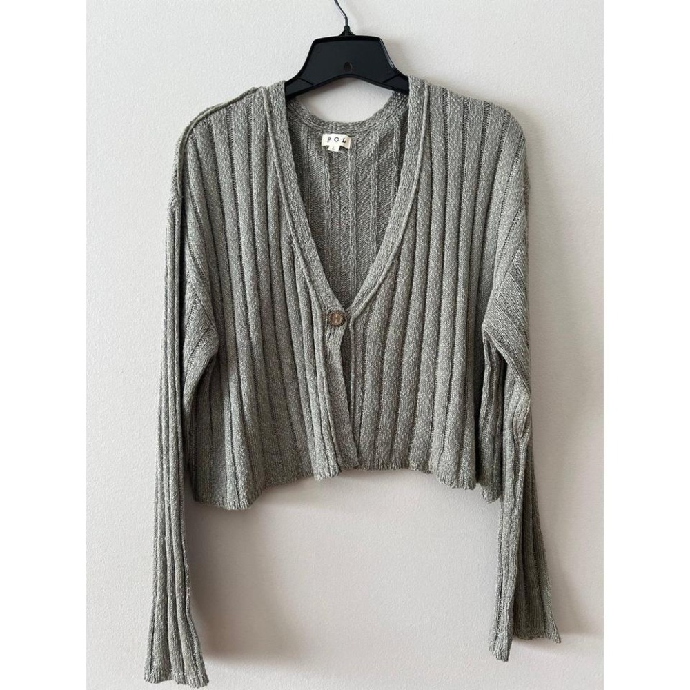POL Hear Me Out Semi Cropped Ribbed Cardigan Sage Green Large